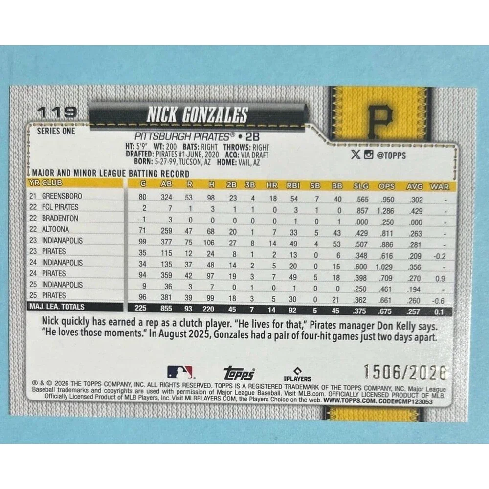 2026 Topps Series 1 , Nick Gonzales ,Pirates Gold parallel  Card #119 Ser/2026